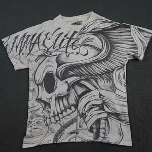 MMA Elite Shirt Mens Medium White Skull Graphic MMA Allover Tattoo Tee